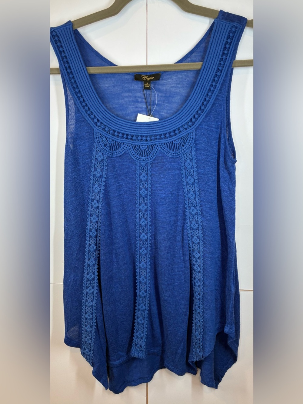 Cupio Linen Blend Crochet Tank Top Blue Sleeveless Boho Size Small NWT